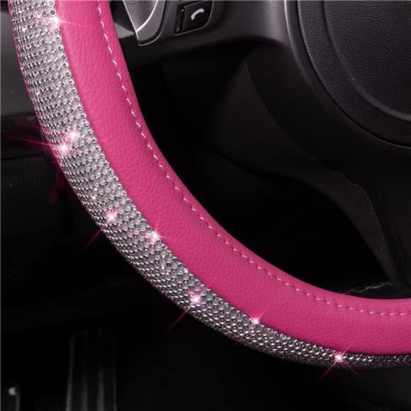 Diamond Pink Leather Steering Wheel Crystal Cover, Universal Fit 14" 1/2-15" - Picture 3 of 6
